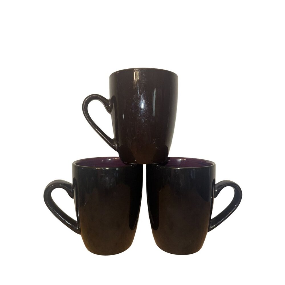 Set Of 3 Thomson Stoneware Mugs With Black Exterior & Purple And Brown Interiors